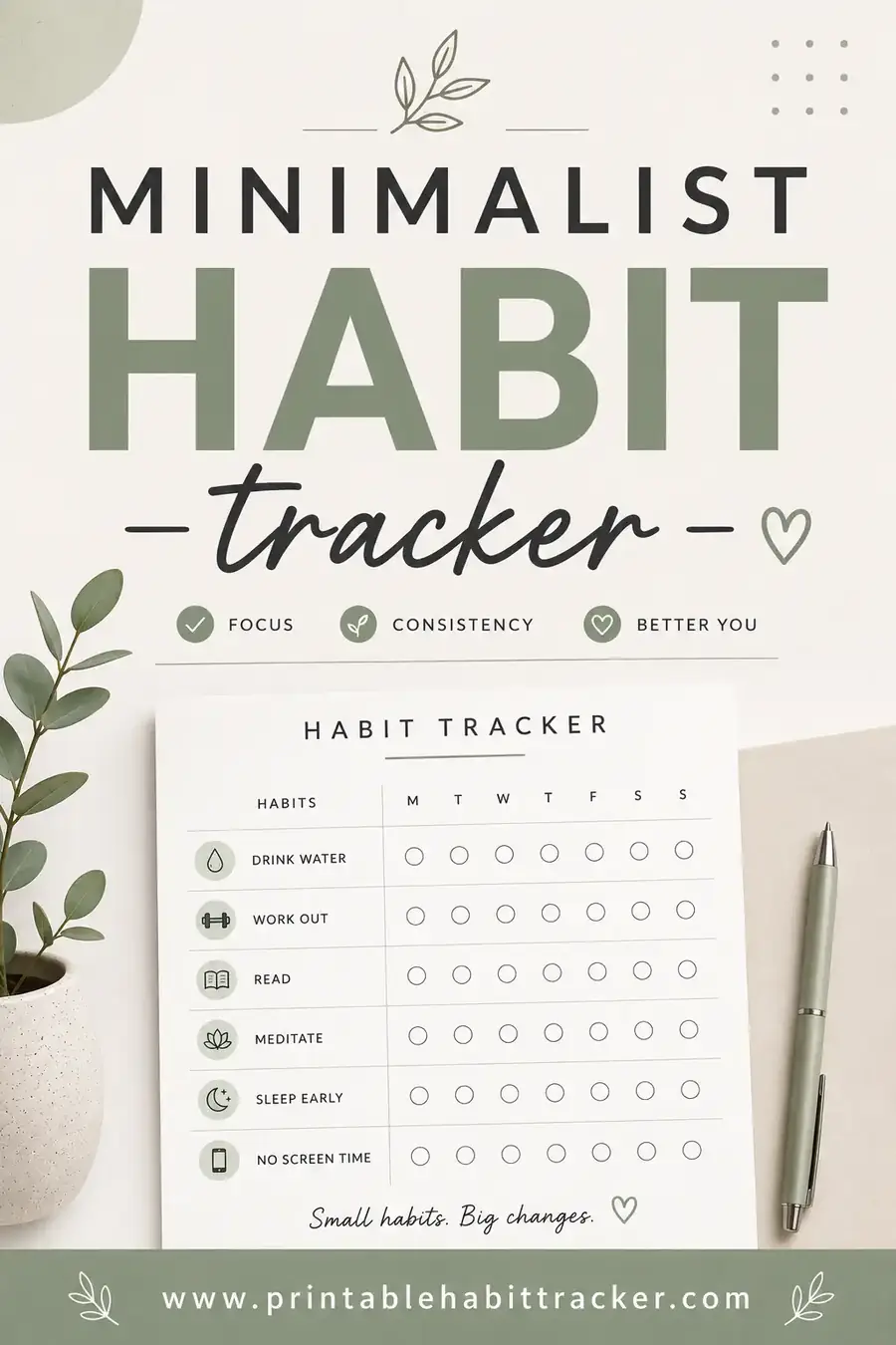 Clean minimalist habit tracker printable with a simple grid of habits and empty checkboxes for each day