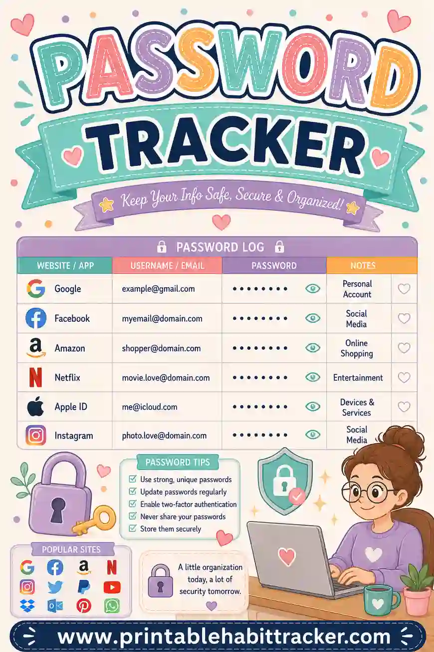 Password Tracker Printable: Free Custom Log & Security Checkup Sheet
